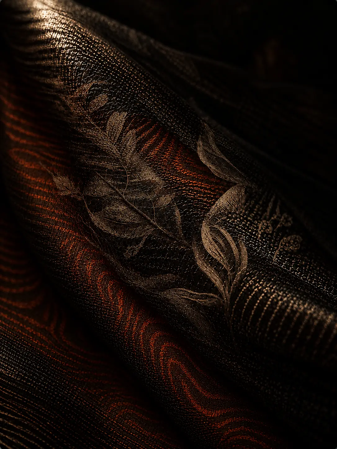 Dark woven moiré surface with a bronze botanical trace